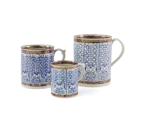 THREE WORCESTER CYLINDRICAL MUGS IN THE `ROYAL LILY' PATTERN (3)Late 18th century Blue crescent marks, 8cm, 11cm and 14cm hig