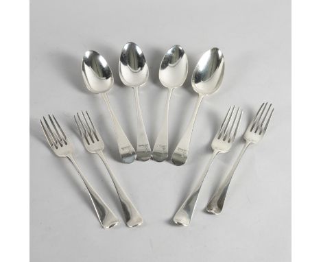 A GROUP OF SILVER OLD ENGLISH PATTERN TABLE FLATWARE (8)Comprising; four bottom marked tablespoons and four table forks, all 