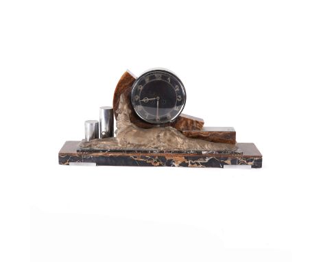 AN ART DECO MARBLE AND BRONZE 8 DAY MANTEL CLOCKMounted with a reclining Saluki, inscribed to the cast ‘Lemo’, the recumbent 
