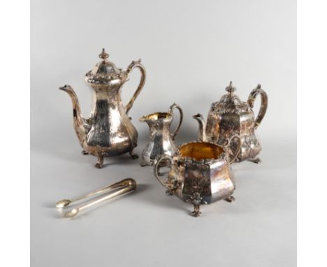 A VICTORIAN PLATED FOUR PIECE TEA AND COFFEE SET AND A PAIR OF SUGAR TONGS (5)Comprising; a teapot, a coffee pot/hot water ju