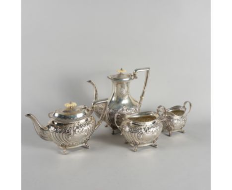 A SILVER FOUR PIECE TEA AND COFFEE SET (4)Comprising; a teapot, a coffee pot, a milk jug and a twin handled sugar bowl, each 