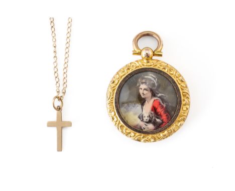 TWO PENDANTS AND A NECKCHAIN (3)Comprising; a circular pendant locket with engine turned decoration, detailed 9 CT and a smal