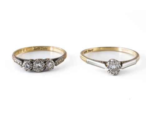 TWO GOLD, PLATINUM AND DIAMOND RINGS (2)Comprising; a diamond single stone ring, claw set with a round brilliant cut diamond,