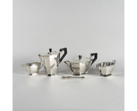 A SILVER FOUR PIECE TEA SET AND A PAIR OF SILVER SUGAR TONGS (5)The tea set comprising; a teapot, a hot water jug, a twin han