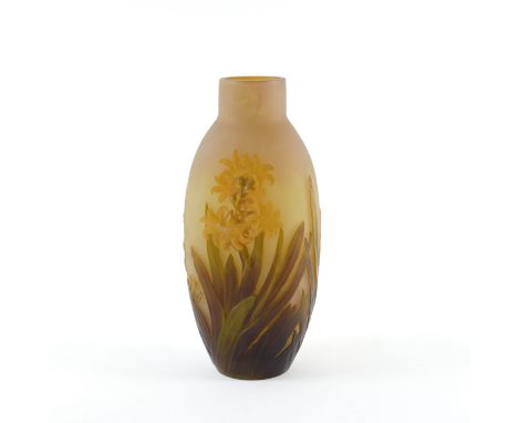 A TALL GALLE MOULD BLOWN CAMEO GLASS VASEEarly 20th century Flattened ovoid form, overlaid and acid etched in high relief wit