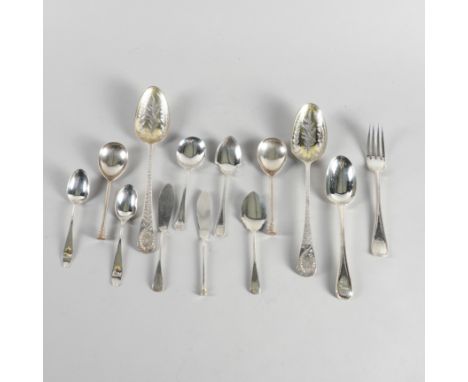 A GROUP OF SILVER TABLE FLATWAREComprising; two matched fruit serving spoons, a pair of seal topped spoons, London 1971, two 