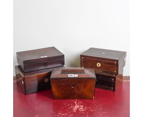 A REGENCY ROSEWOOD TEA CADDY (5)25cm wide; 14cm deep; 16cm high and a group of three Victorian mother of pearl inlaid rosewoo