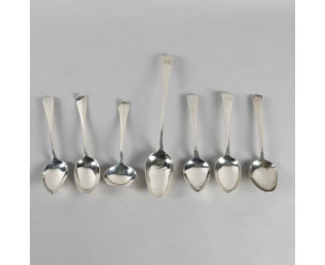 A SILVER OLD ENGLISH PATTERN BASTING SPOON AND SIX FURTHER ITEMS (7)The basting spoon, Exeter 1803, also a pair of Scottish t