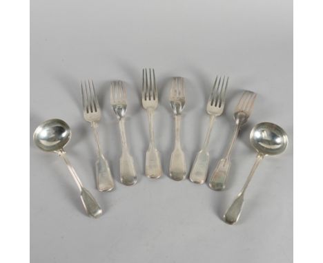 A GROUP OF SILVER DOUBLE STRUCK FIDDLE AND THREAD PATTERN TABLE FLATWARE (8)Comprising; three table forks, London 1854, three