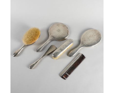 A SILVER MOUNTED FOUR PIECE DRESSING TABLE SET AND TWO FURTHER ITEMS (6)The four piece set comprising; a hand mirror, a hairb