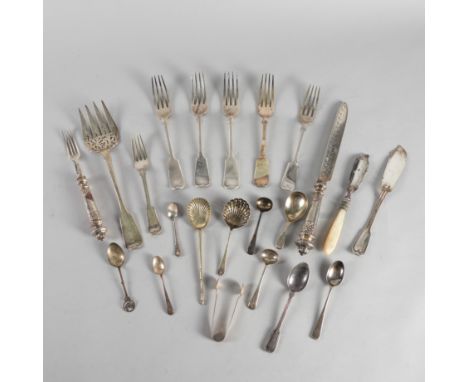 A GROUP OF SILVER AND PLATED FLATWARE (QTY)To include; a fiddle pattern fish serving fork, London 1852, a pair of Victorian c