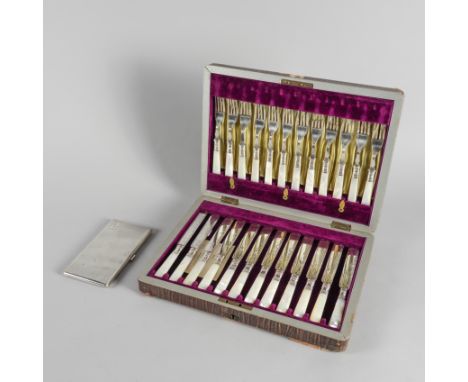 A FOREIGN CIGARETTE CASE AND A SET OF TWELVE PAIRS OF PLATED DESSERT KNIVES AND FORKSThe cigarette case engine turned, detail