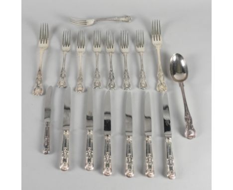 A GROUP OF SILVER KINGS PATTERN TABLE FLATWARE (17)Comprising; seven dessert forks, including four London 1849, a tablespoon,