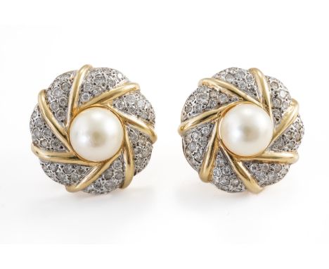 A PAIR OF GOLD, DIAMOND AND CULTURED PEARL CIRCULAR EARCLIPSEach mounted with a central cultured pearl within a shaped circul