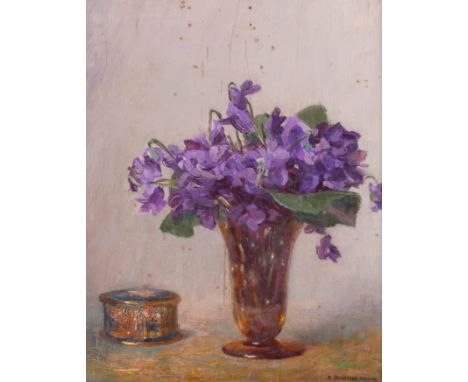 R DUKESILL MOORE (20TH CENTURY)Violets in a vase
signed 'R Dukesill Moore' (lower right)
oil on board
25 x 20.5cm

Provenance