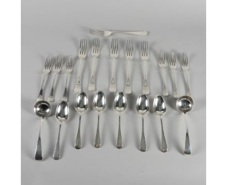 A GROUP OF SILVER OLD ENGLISH PATTERN TABLE FLATWARE (20)Comprising; six dessert forks, six table forks and six dessert spoon