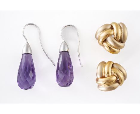 TWO PAIRS OF EARRINGS (4)Comprising; a pair of two colour gold earclips, in a trefoil shaped design, the backs with post and 