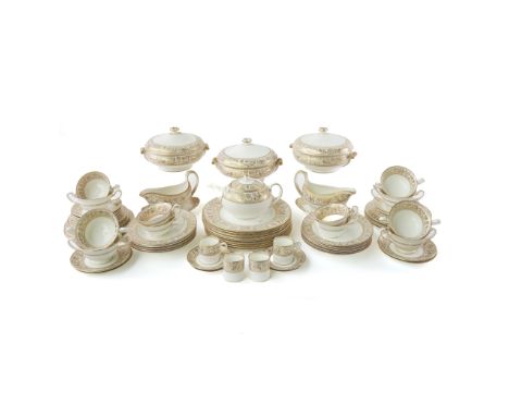 A WEDGWOOD GOLD FLORENTINE PATTERN PART DINNER, TEA AND COFFEE SERVICEComprising Three circular vegetable tureens and covers,