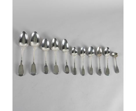 A GROUP OF SILVER FIDDLE PATTERN TABLE FLATWARE (11)Comprising; two Victorian tablespoons, London 1842 and 1844, three desser