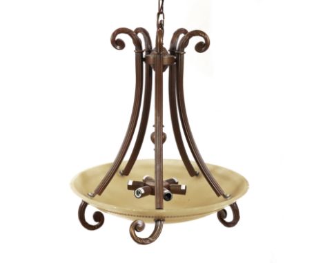 AN ART DECO STYLE ALABASTER DISH LIGHT WTH BRONZED FINISHLate 20th Century  With six light fitments, supported on five fluted