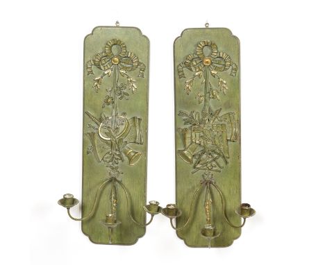 A PAIR OF LOUIS XVI STYLE GREEN PAINTED WOOD AND COMPOSTION THREE LIGHT WALL APPLIQUES (2)Late 20th Century  With ribbon-tied