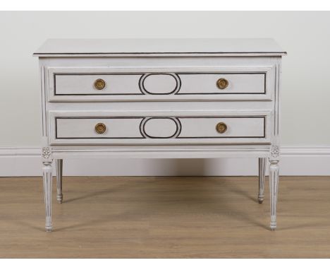 A LOUIS XVI STYLE GREY PAINTED TWO DRAWER COMMODE103cm wide; 46cm deep; 78cm high