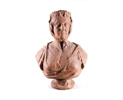 A  VICTORIAN PLASTER LIBRARY BUST OF THE DUCHESS OF SUTHERLAND CAST AFTER A MODEL BY MATTHEW NOBLE R.A.Inscribed to the rever