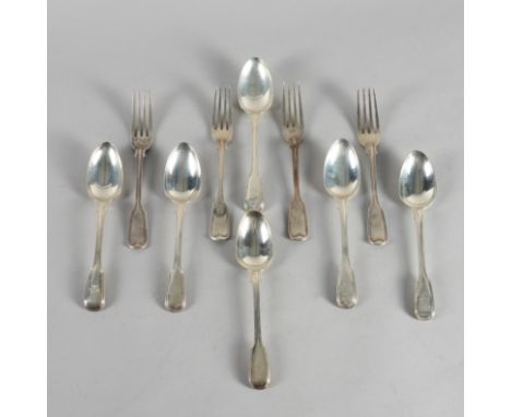 A GROUP OF SILVER DOUBLE STRUCK FIDDLE AND THREAD PATTERN TABLE FLATWARE (10)Comprising; six dessert spoons and four dessert 