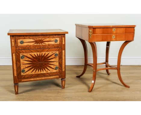AN INLAID WALNUT AND KINGWOOD THREE DRAWER PETITE COMMODE OF 18TH CENTURY ITALIAN DESIGN (2)60cm wide; 39cm deep; 66cm high, 