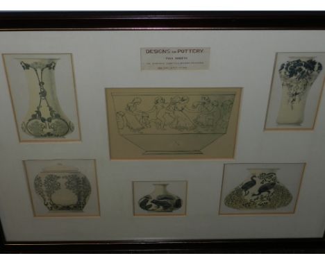 A framed group of six studio pottery designs, the items reminiscent of Moorcroft items, each sketch marked with a blind stamp