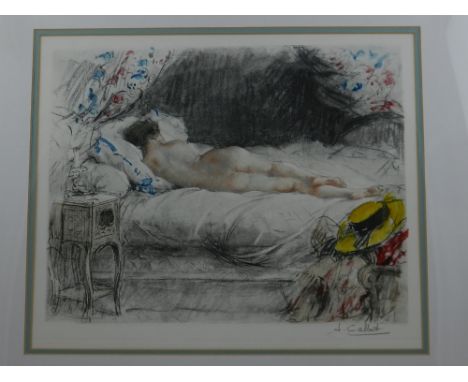 After Antoine Calbert (French, 1860-1944), Sleeping Nude, coloured lithograph, signed in pencil lower right. H: 27cm W: 32cm