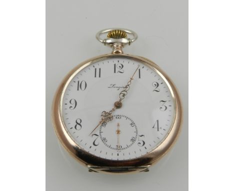 A Longines white metal open face pocket watch, the white enamel dial with Arabic numerals and subsidiary seconds dial to six 