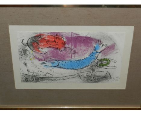 After Marc Chagall (Russian, 1915-1944), 'The Blue Fish', coloured lithograph, bears gallery label for The Mark Gallery to ba