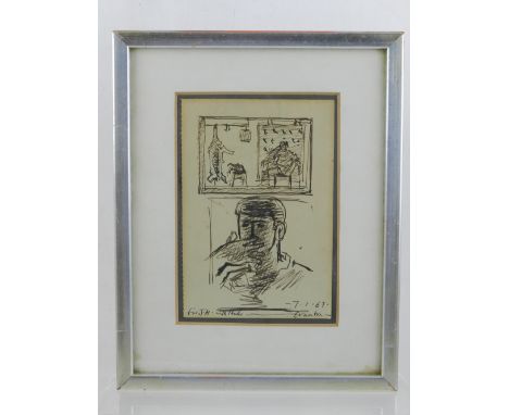 John Craxton RA (English, 1922-2009), pen and ink sketch of a man with his hand over his face, signed and dated 7th January 1
