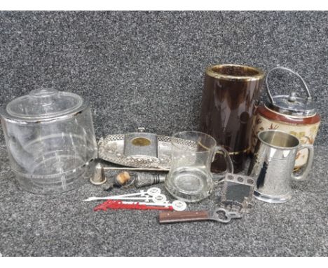 Drinking items to include ice buckets, hip flask, tankards together with a biscuit barrel etc