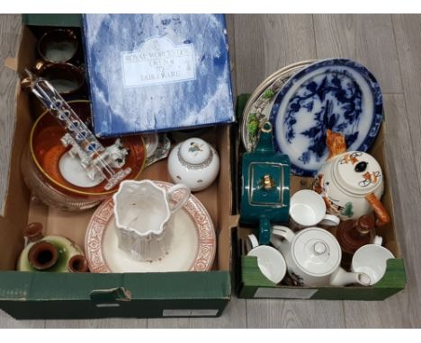 2 boxes various glass and pottery  + porcelain inc Worcester, Doulton tea pots , copper lustre etc