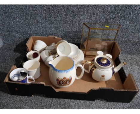 Commemorative ware to include thimbles witj display case, teac cups and saucers, creut etc