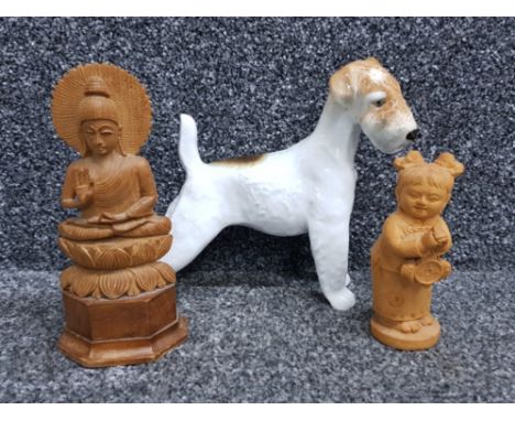 Ceramic USSR fox terrier ornament together with 2 ooriental style carved figures