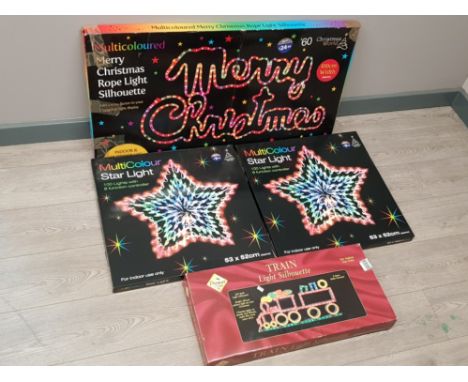 4 boxed Multicolored christmas lights includes 2x stars, train light silhouette etc