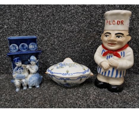 Ceramic items: flour shaker, delft spill vase and a small tureen and cover