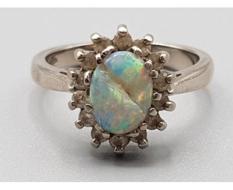 18ct white gold opal and diamond cluster ring (opal cracked) size K 1/2 5.2g gross