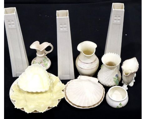 Thirteen pieces of mixed Belleek, largest H: 33 cm, some with damages. P&amp;P Group 3 (£25+VAT for the first lot and £5+VAT 