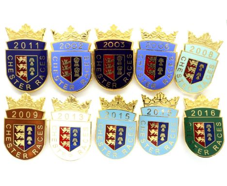 Ten Chester Racecourse enamel and gilt badges. P&amp;P Group 1 (£14+VAT for the first lot and £1+VAT for subsequent lots) 