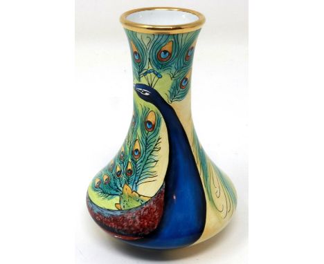 Small Moorcroft enamelled stem vase with peacock design, H: 90 mm, chip to base. P&amp;P Group 1 (£14+VAT for the first lot a