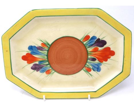 Clarice Cliff Bizarre plate in the Crocus pattern, L: 24 cm, crazing and age wear throughout. P&amp;P Group 2 (£18+VAT for th