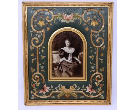 Victorian embroidered and gilt photograph frame, overall 26 x 30 cm. P&amp;P Group 2 (£18+VAT for the first lot and £3+VAT fo