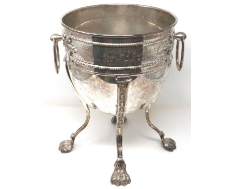 Large four footed silver plated champagne bucket with inscription, H: 34 cm. P&amp;P Group 2 (£18+VAT for the first lot and £