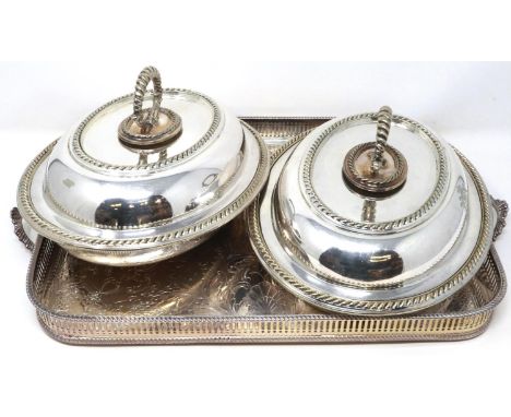 Walker &amp; Hall silver plated galleried tray, L: 41 cm, with two lidded chafing dishes. P&amp;P Group 3 (£25+VAT for the fi