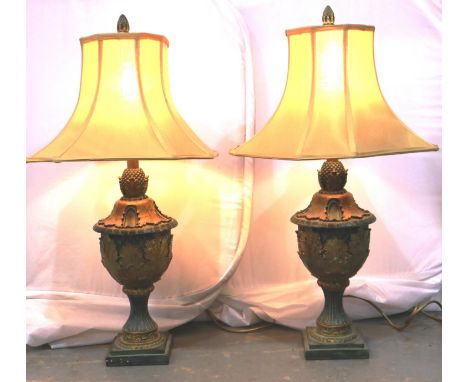 Pair of gilt resin table lamps with shades, H: 80 cm. All electrical items in this lot have been PAT tested for safety and ha