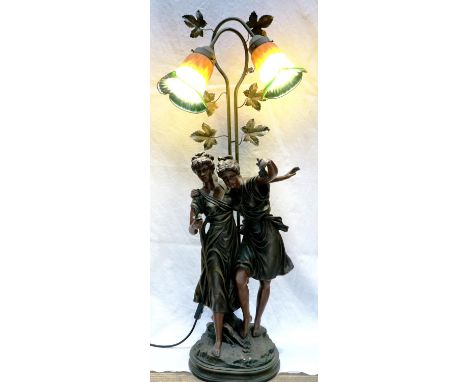 Large figural table lamp, in the Art Nouveau manner, with two coloured glass shades, overall H: 96 cm. Not available for in-h